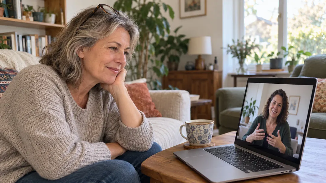 A woman having a video counselling session on her laptop at home
