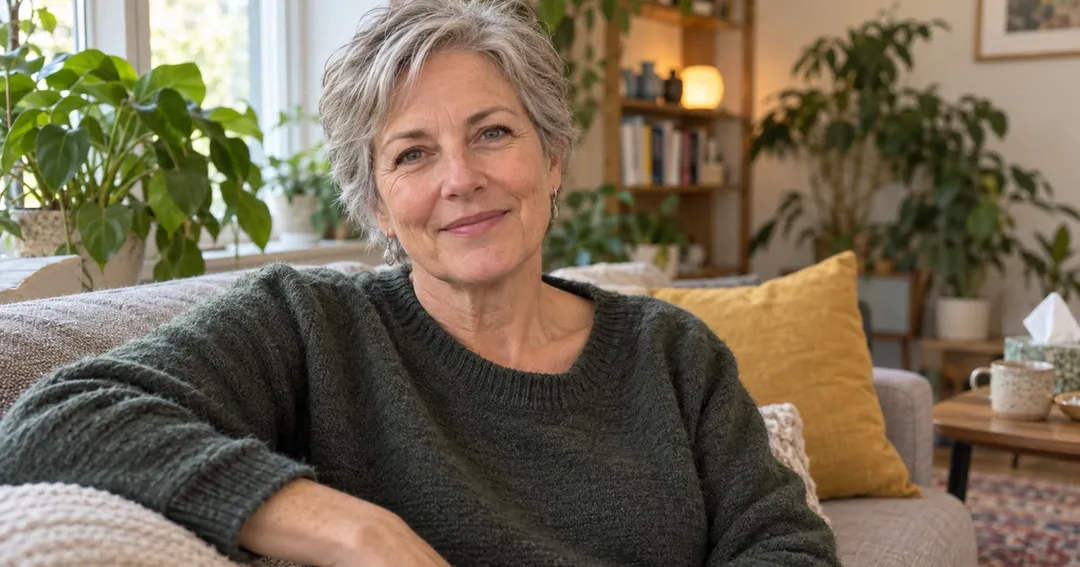 A woman around 58 relaxing on a sofa in a warm counselling room