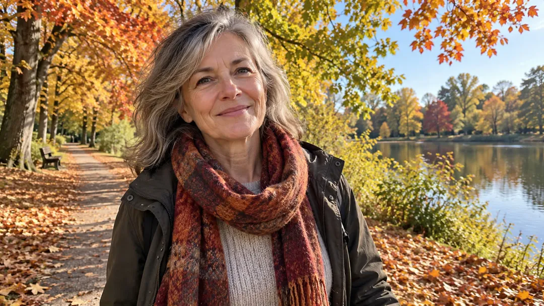A woman walking peacefully in an autumn park