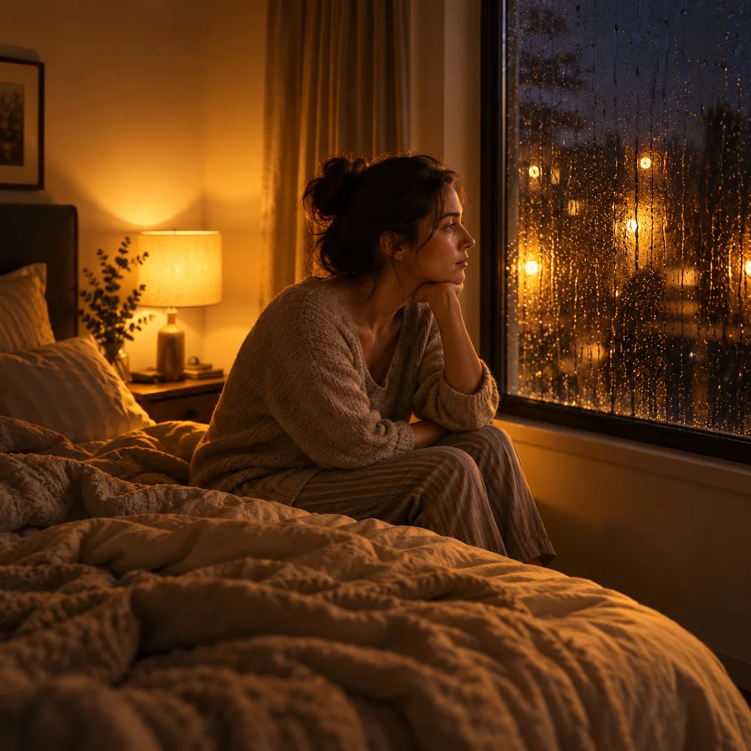 An adult sitting awake beside a quiet window at night