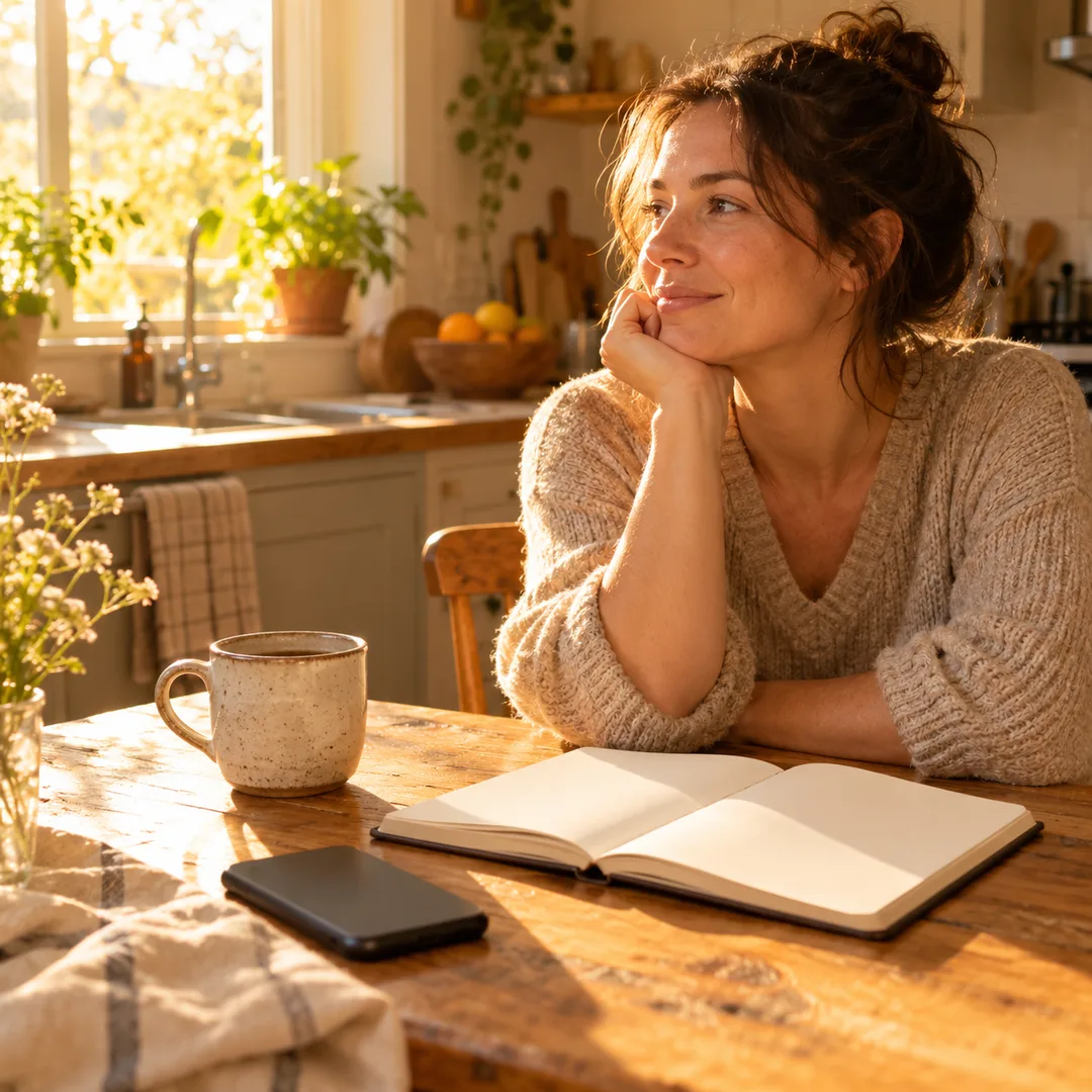 A calm morning table with a notebook and untouched phone