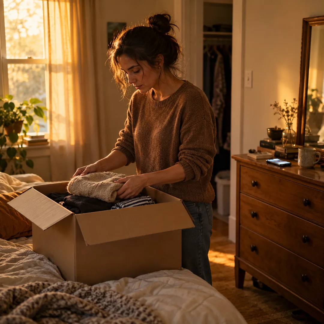 An adult packing shared belongings while a phone glows nearby