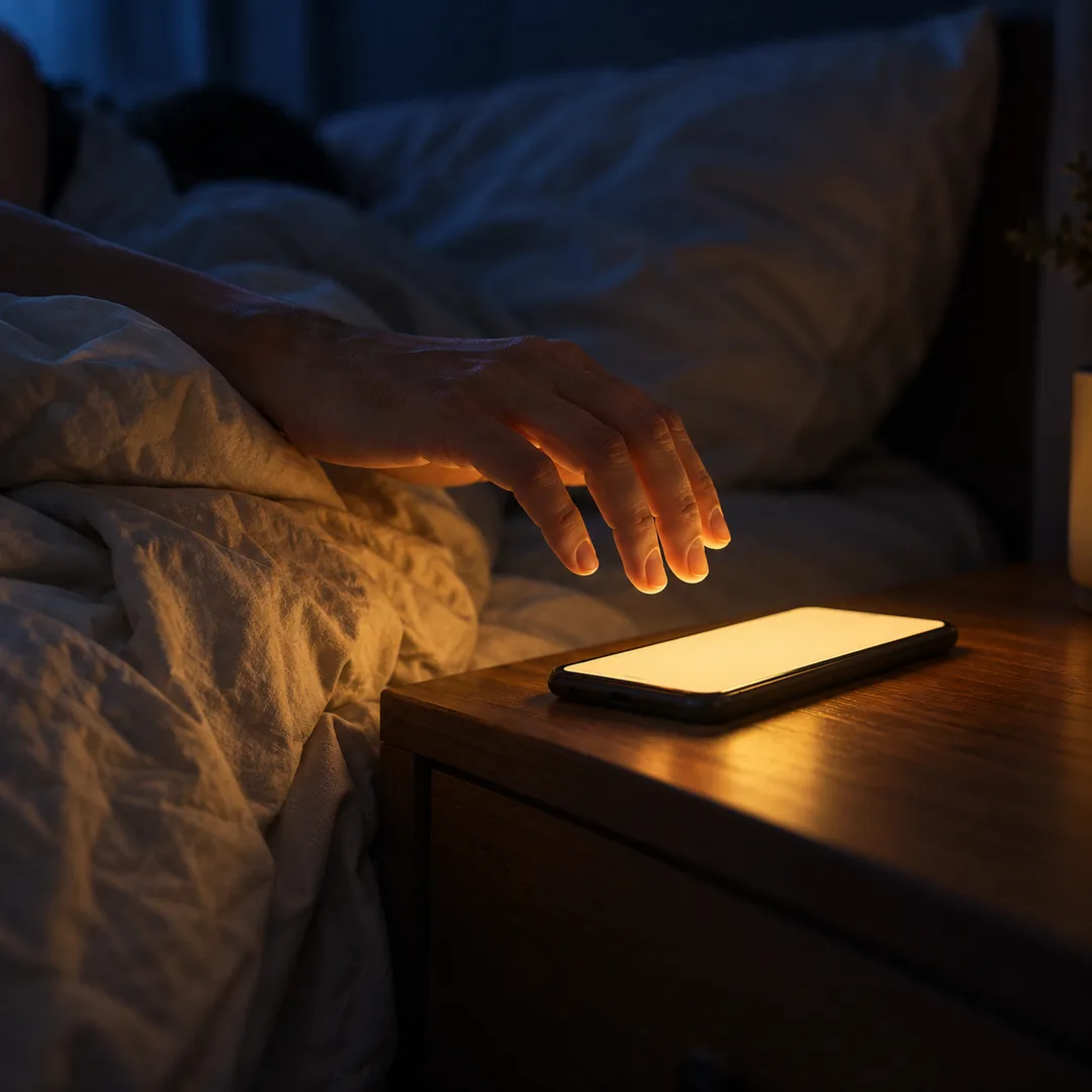 A late-night message arriving on a phone beside the bed