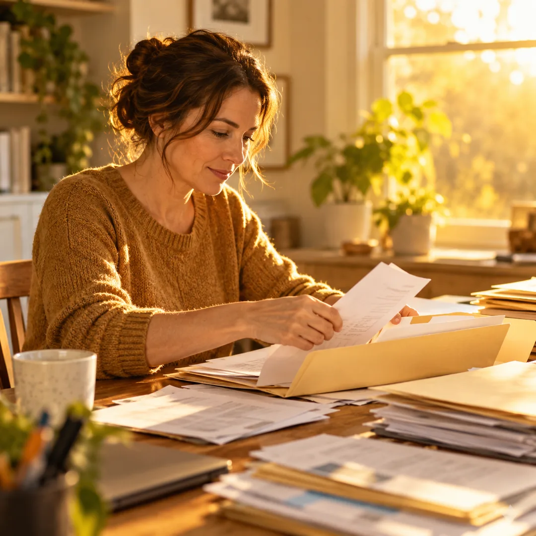 An adult calmly organizing dated records at a desk