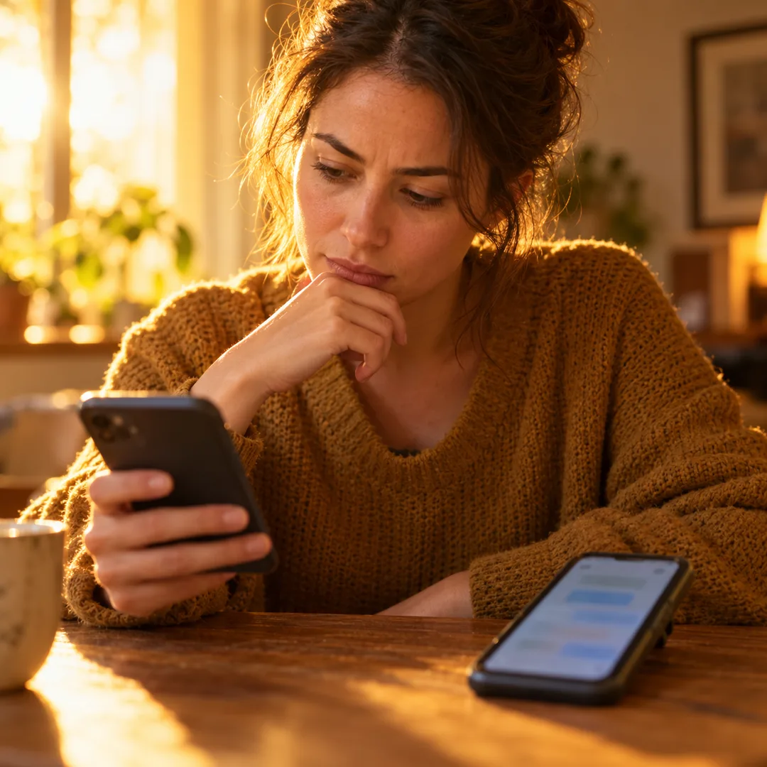 An adult calmly reading conflicting messages without replying