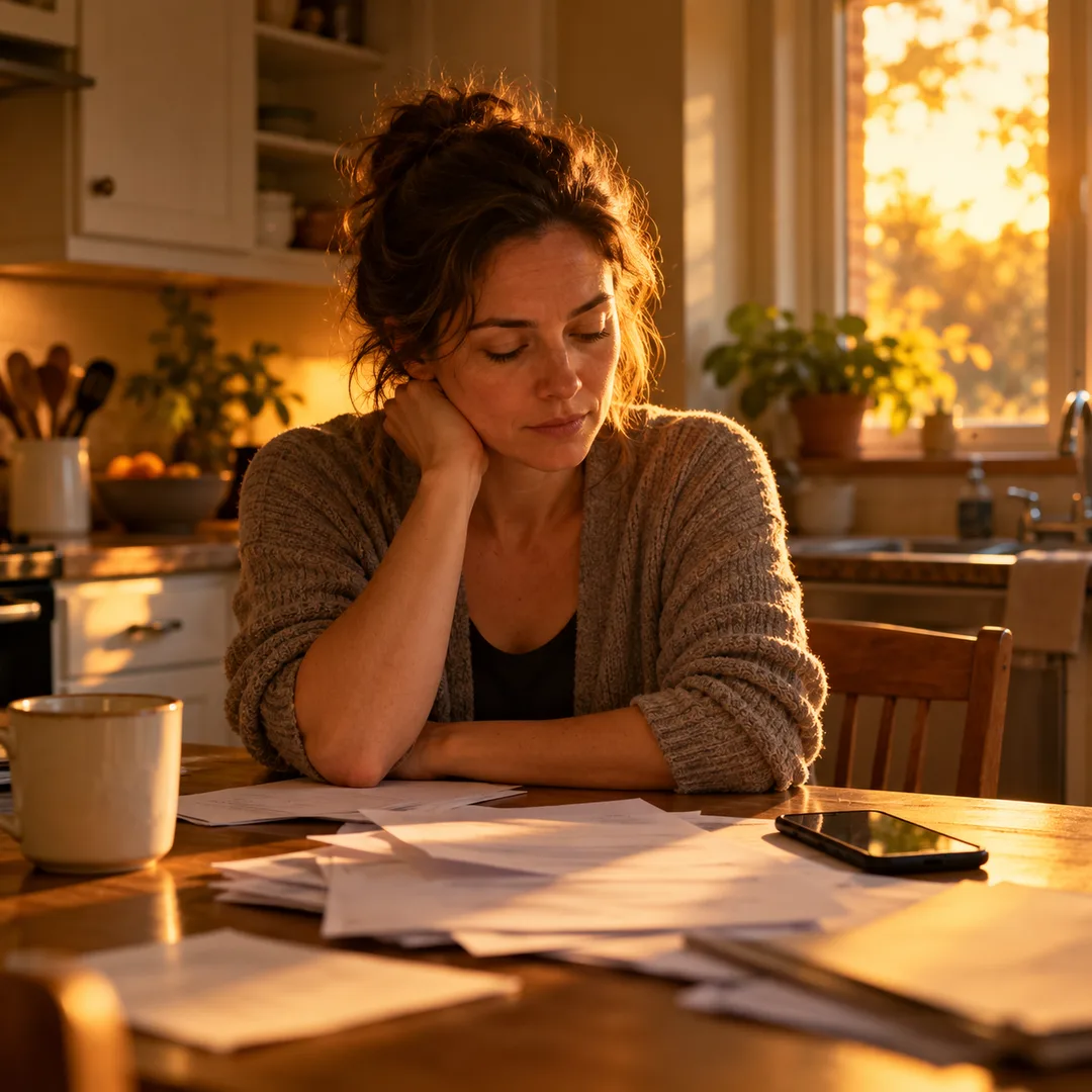 An adult pausing over troubling evidence in a quiet kitchen