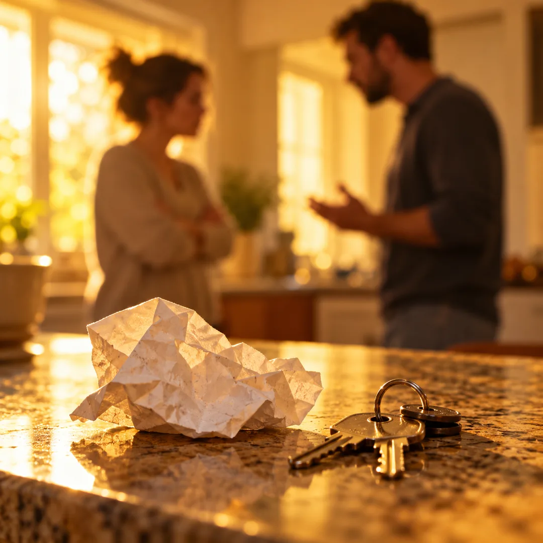 A crumpled receipt on a counter during a tense conversation
