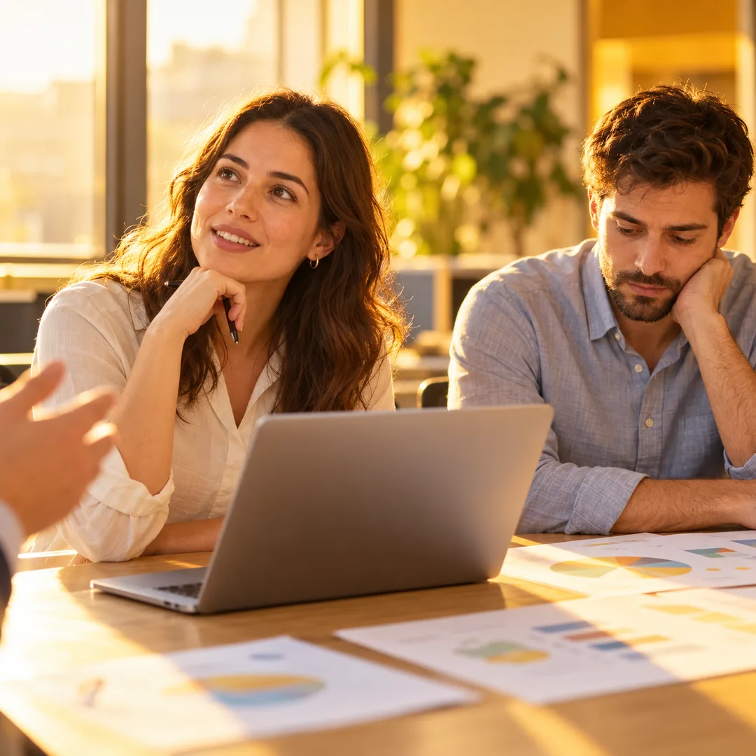 Two adult coworkers at a desk as one takes all the credit