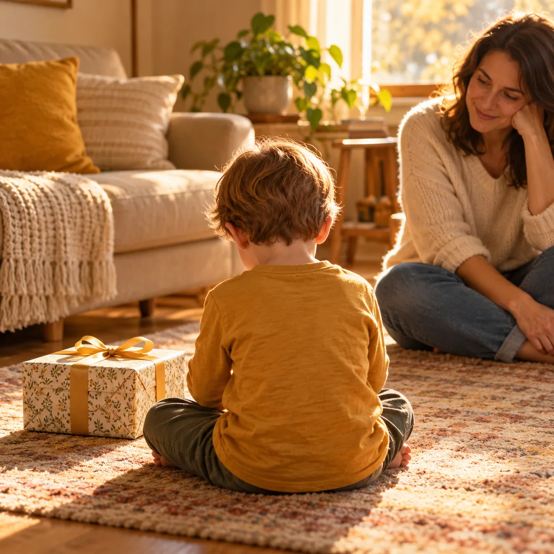 A child seen from behind beside an unopened family gift