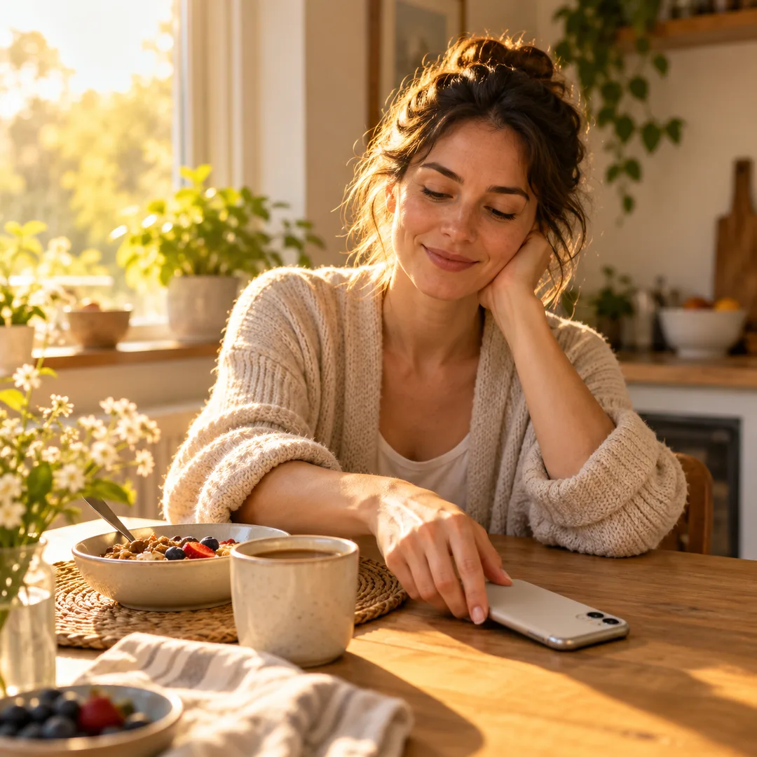 An adult turning a phone face down beside morning coffee