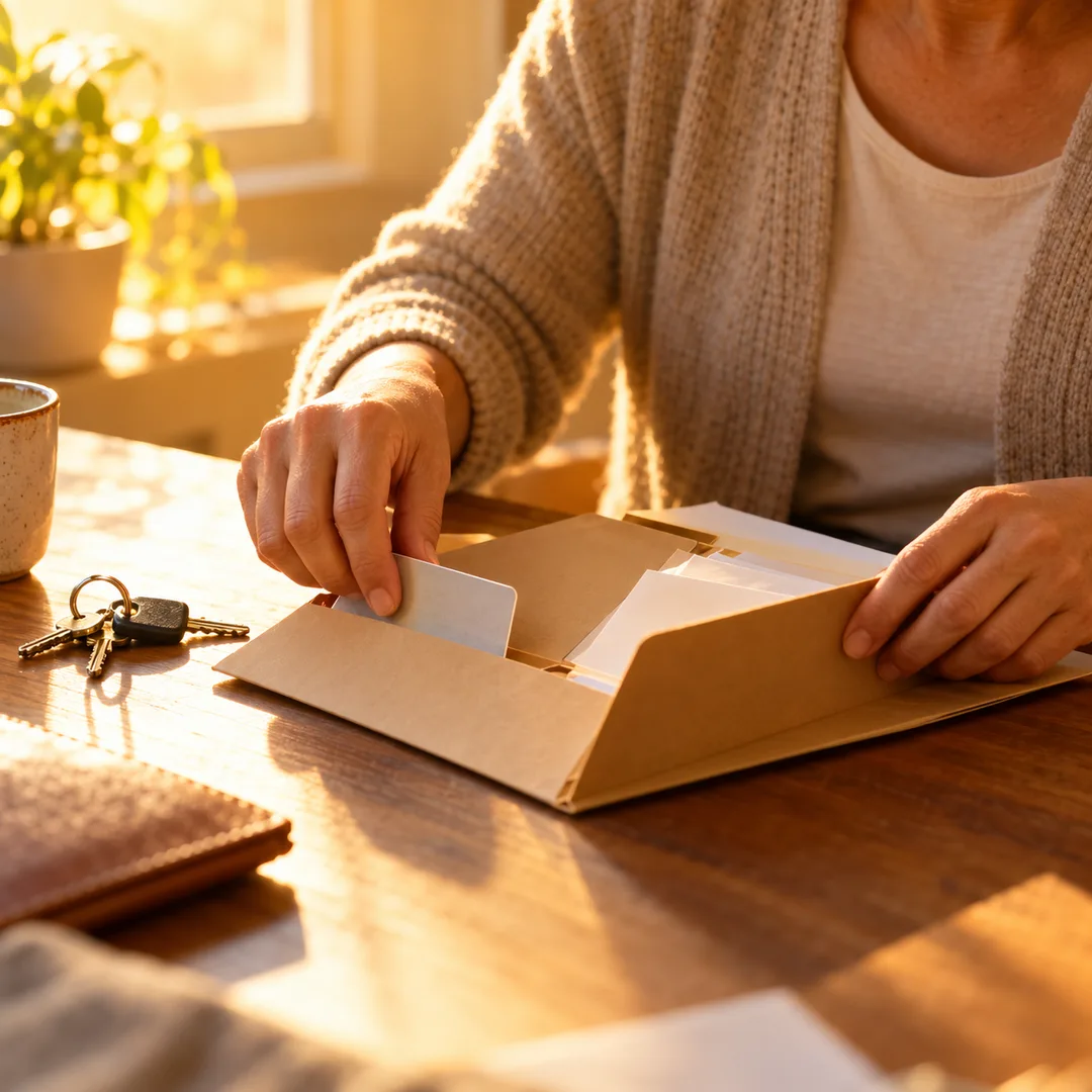 An adult quietly preparing essential documents in a safe place