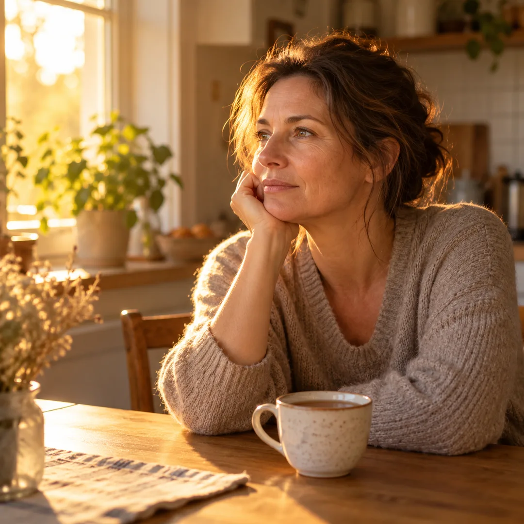 A thoughtful woman sitting alone at a quiet kitchen table
