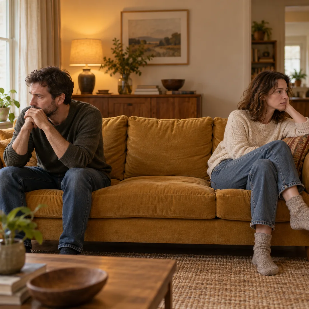 Two adults sitting apart after a tense conversation at home