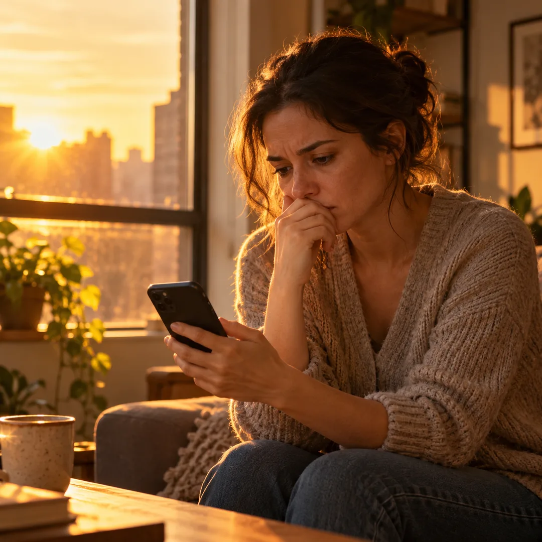 A woman reading a troubling message on her phone by a window