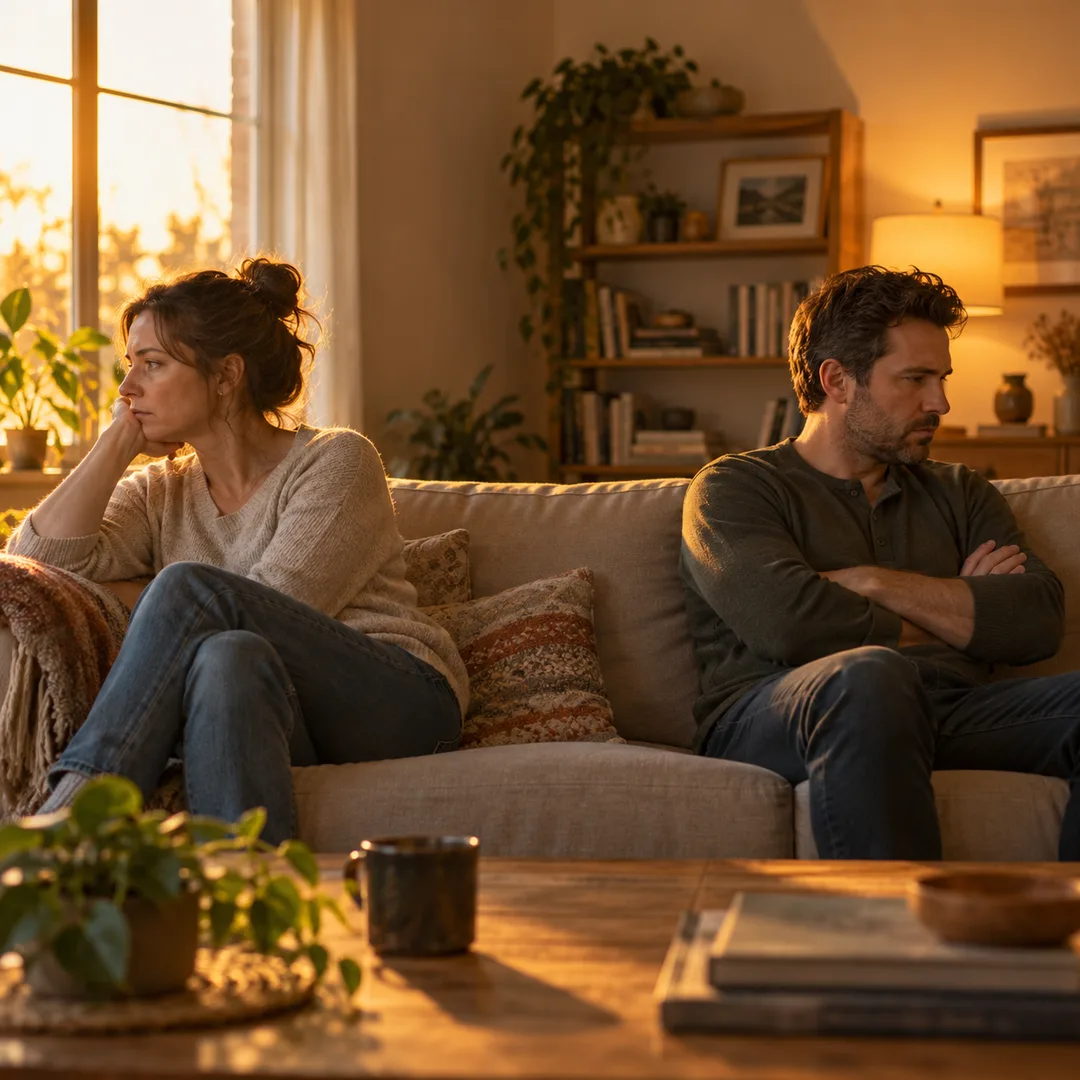 A couple facing away from each other in a dim living room