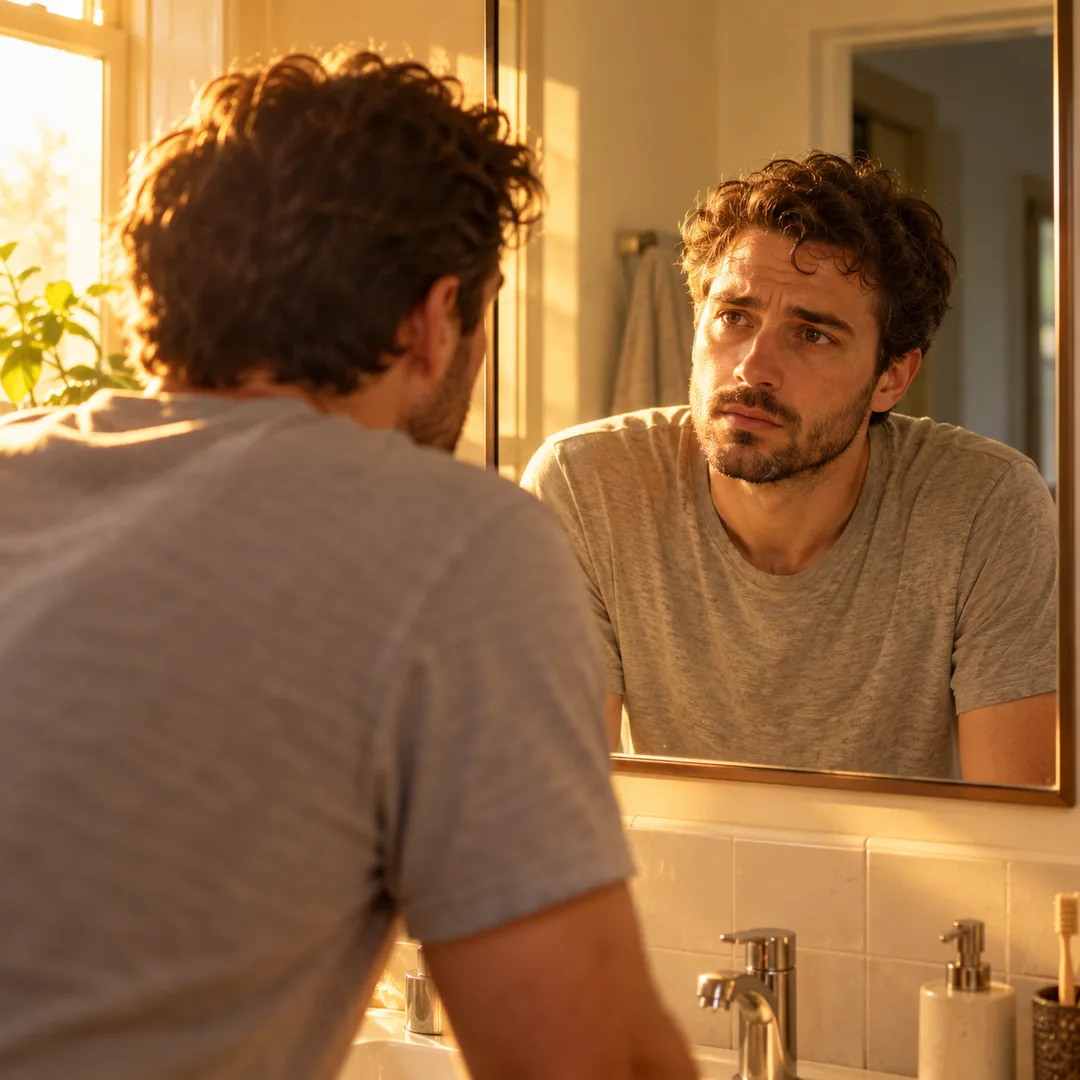 A man studying his reflection in a softly lit bathroom mirror