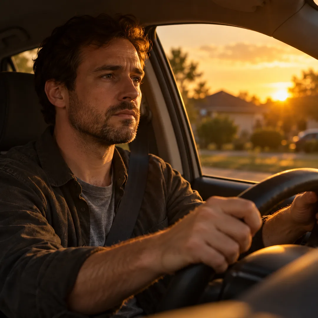 A serious man sitting alone in a parked car at dusk