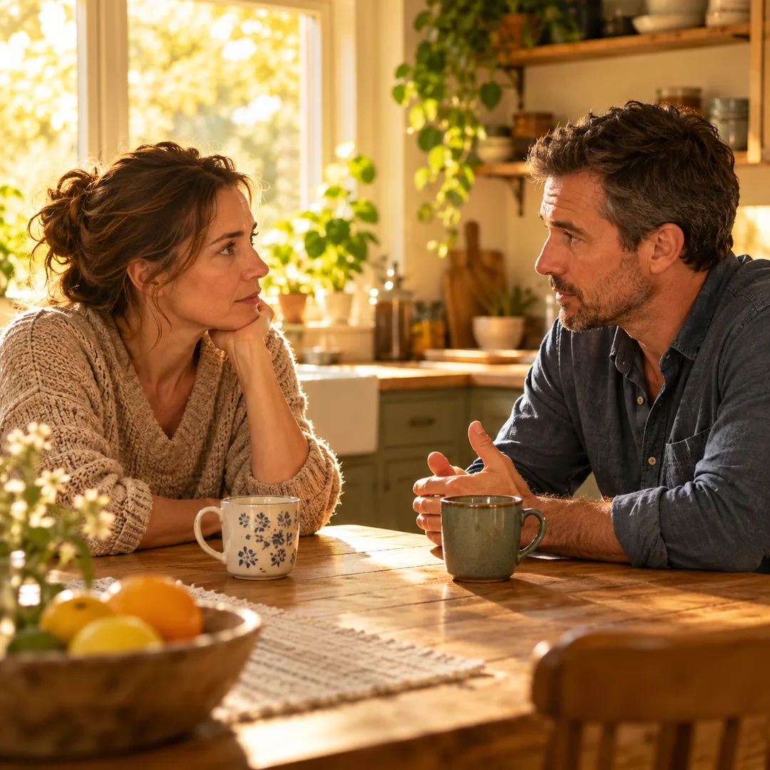 Two adults having a careful conversation across a kitchen table