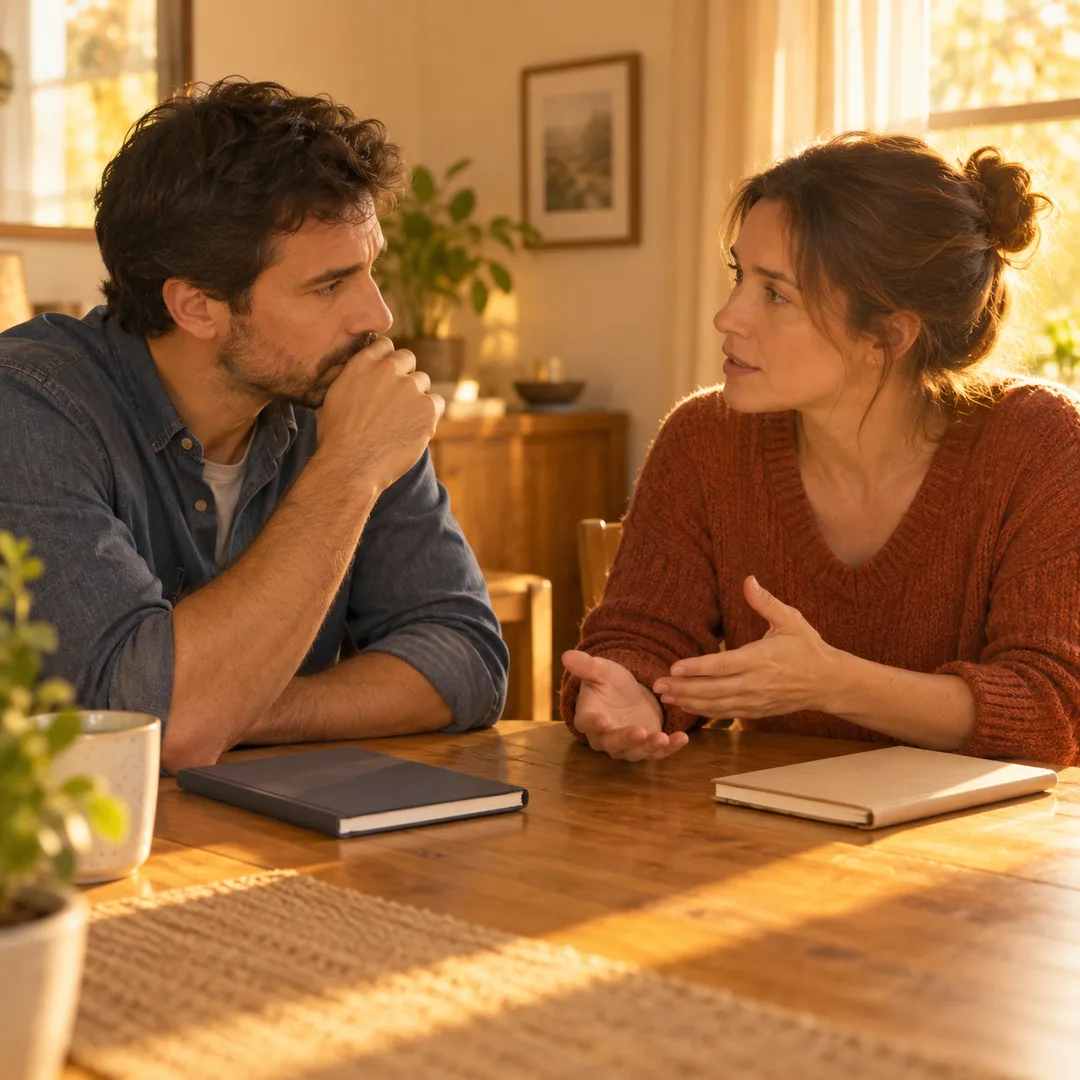 Two adults discussing a problem with notebooks on a dining table