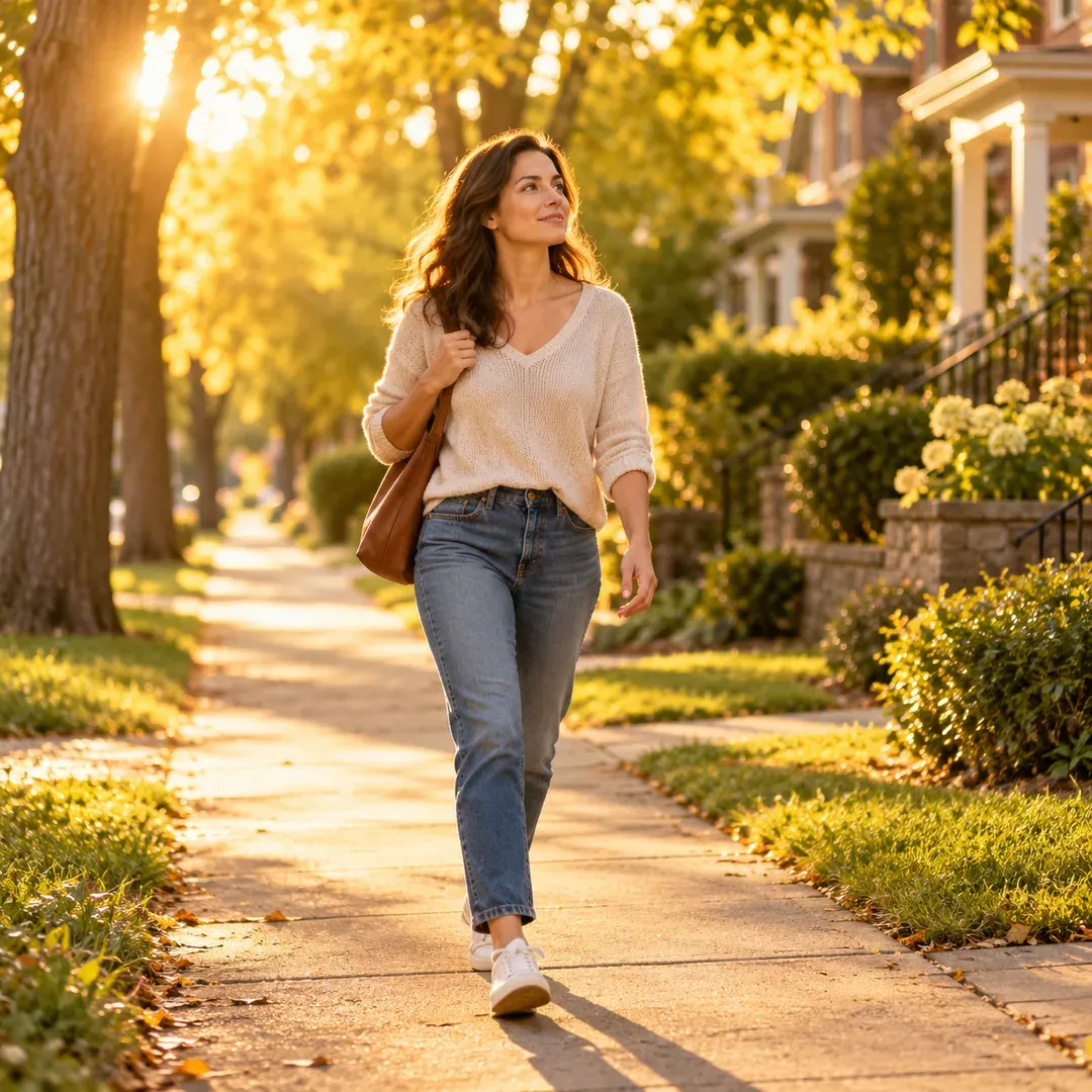 A woman walking alone along a quiet sunlit street