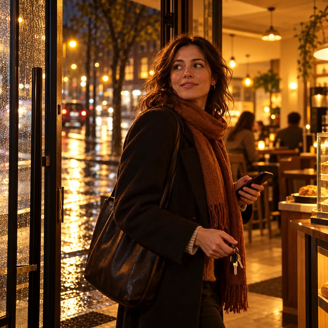 A woman entering a safe public place at night