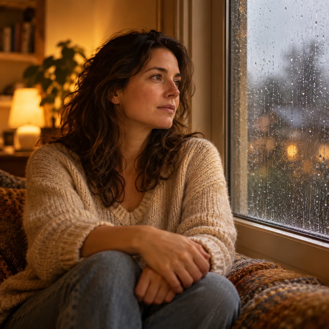 An adult quietly reflecting beside a darkened window