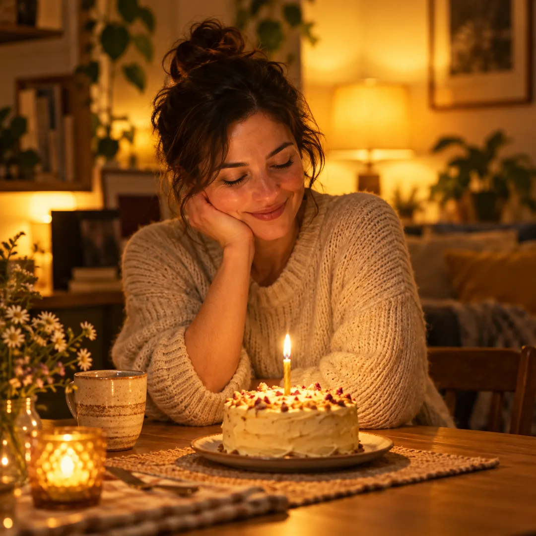 An adult quietly celebrating good news at home