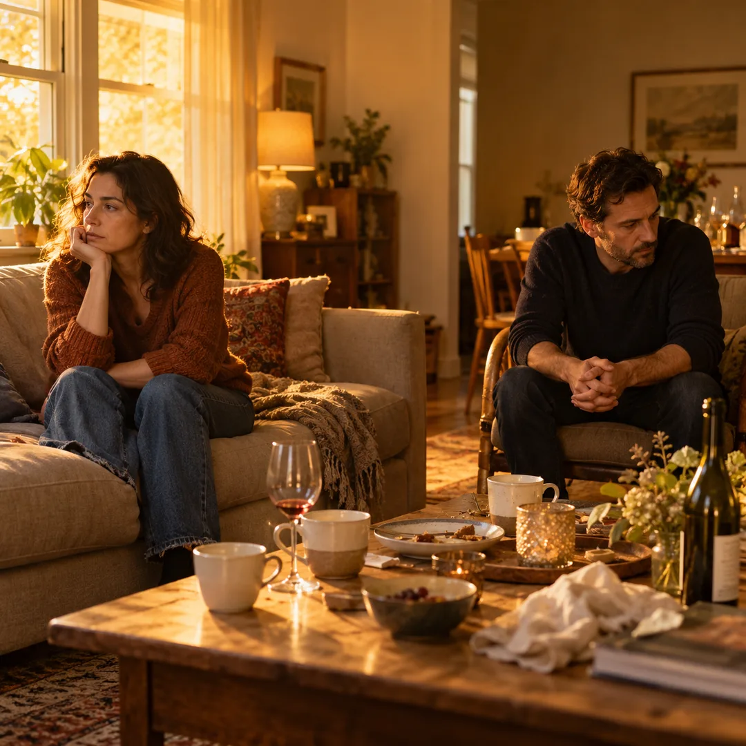 Two adult siblings seated apart after a family gathering