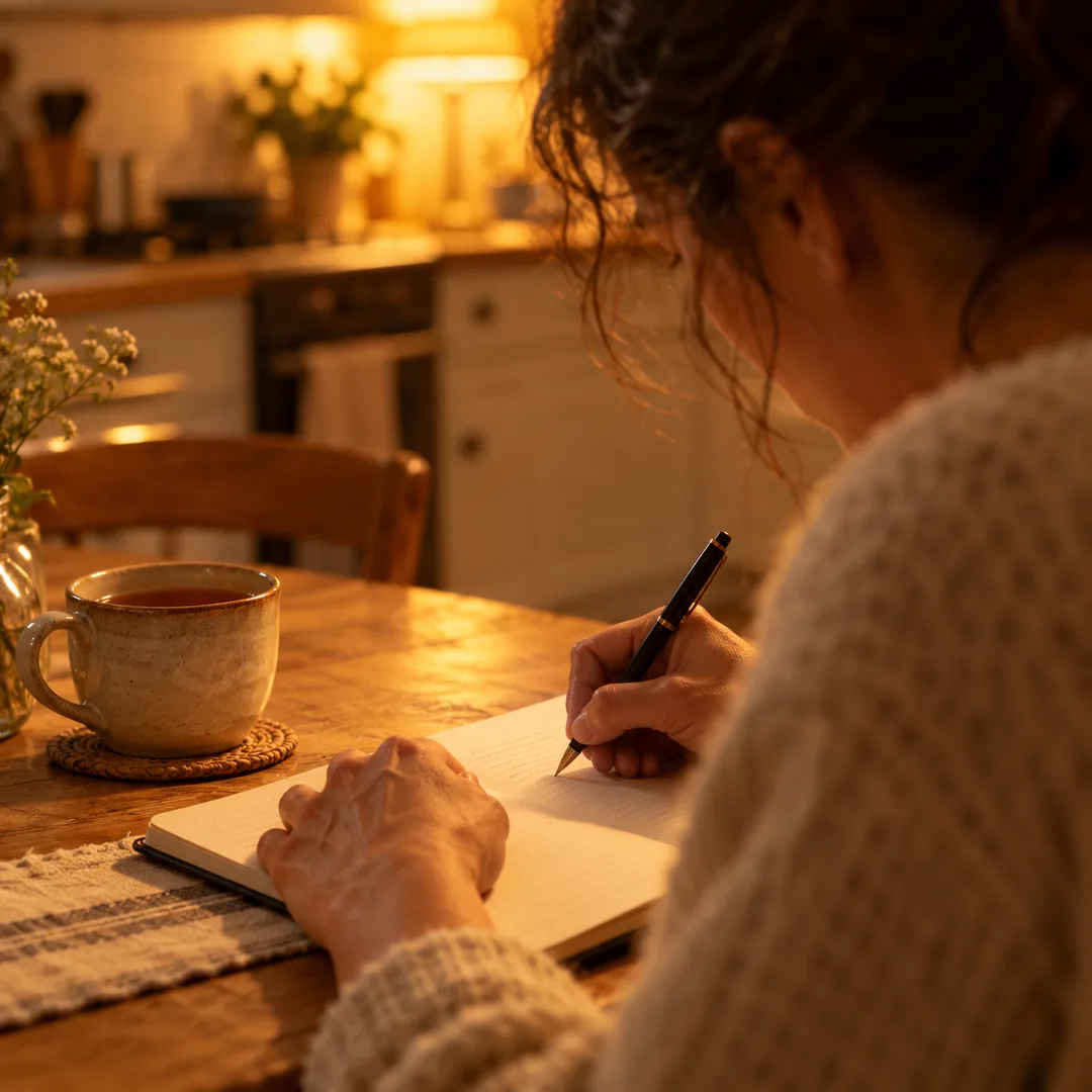 An adult writing down memories at a quiet kitchen table