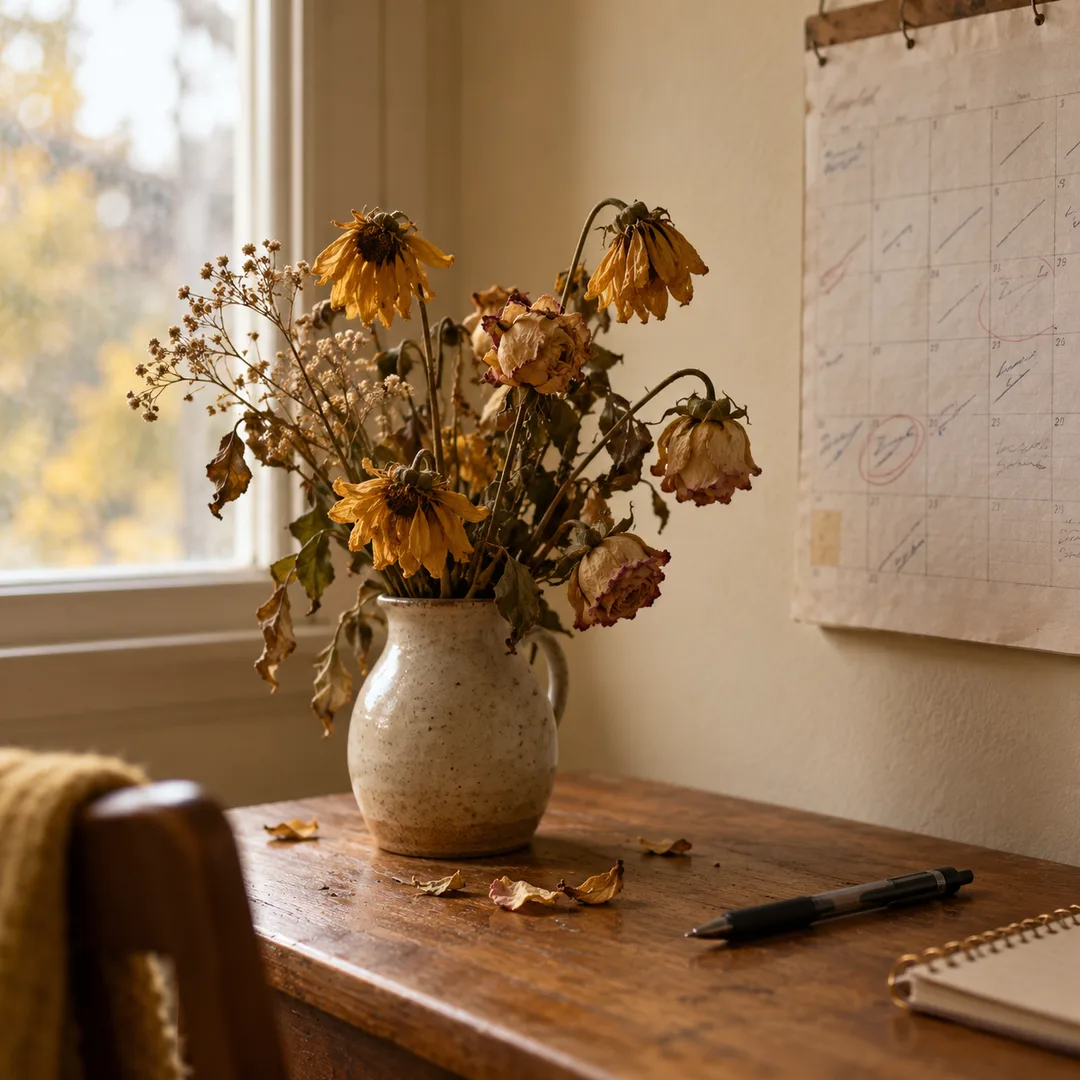 Wilted flowers beside a calendar marked with private notes