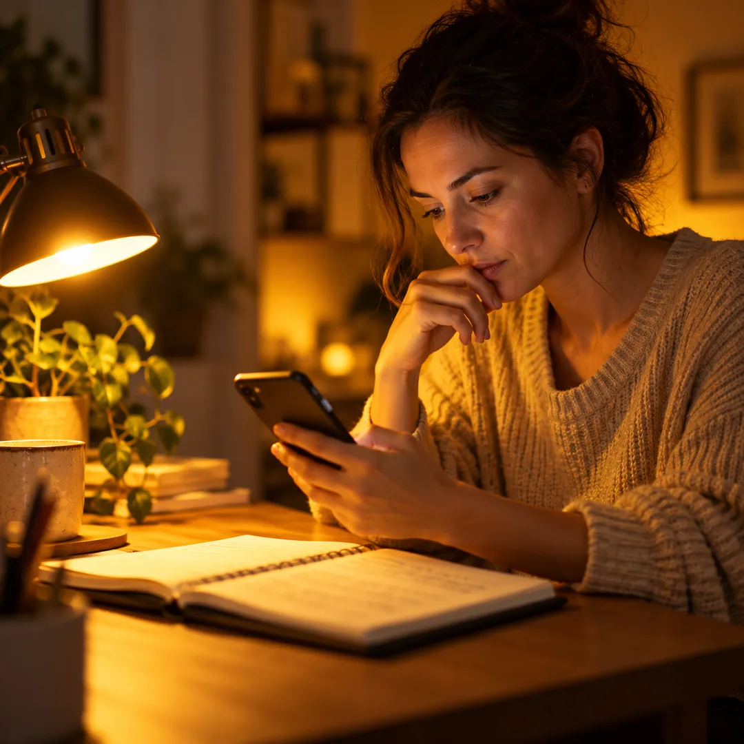 An adult reviewing messages alone at a desk in evening light