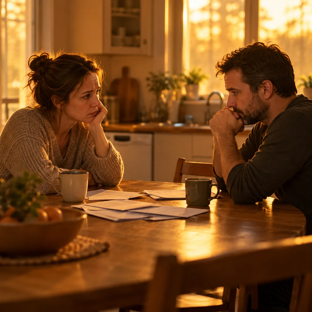 Two adults having a strained conversation across a kitchen table