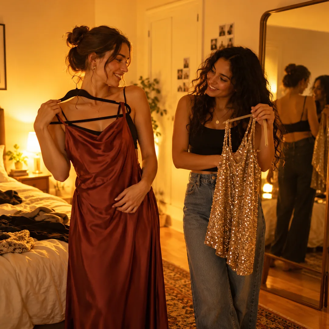 Two adult friends getting ready for an evening event