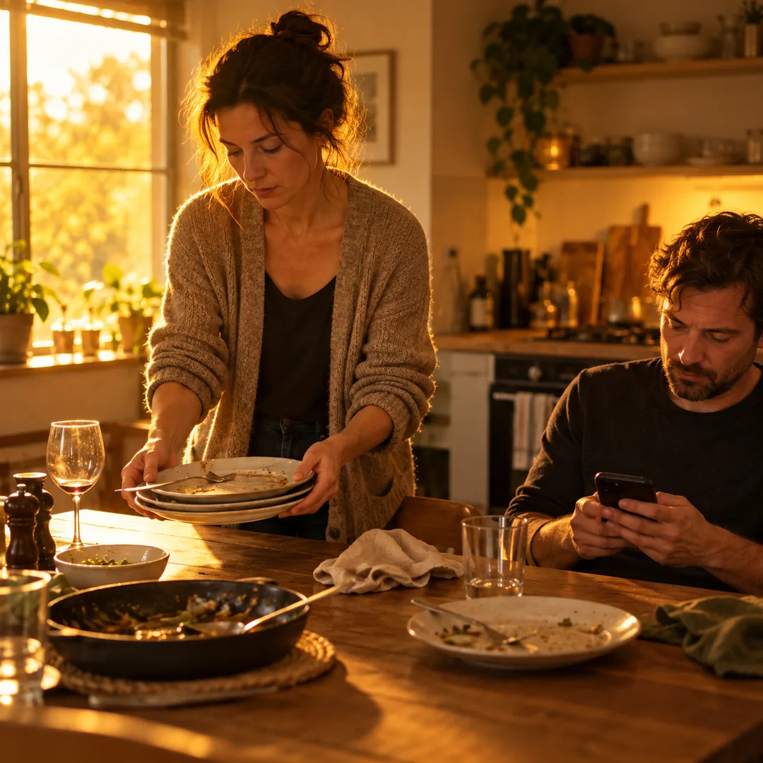 A tired woman clearing dinner plates while a man looks at his phone