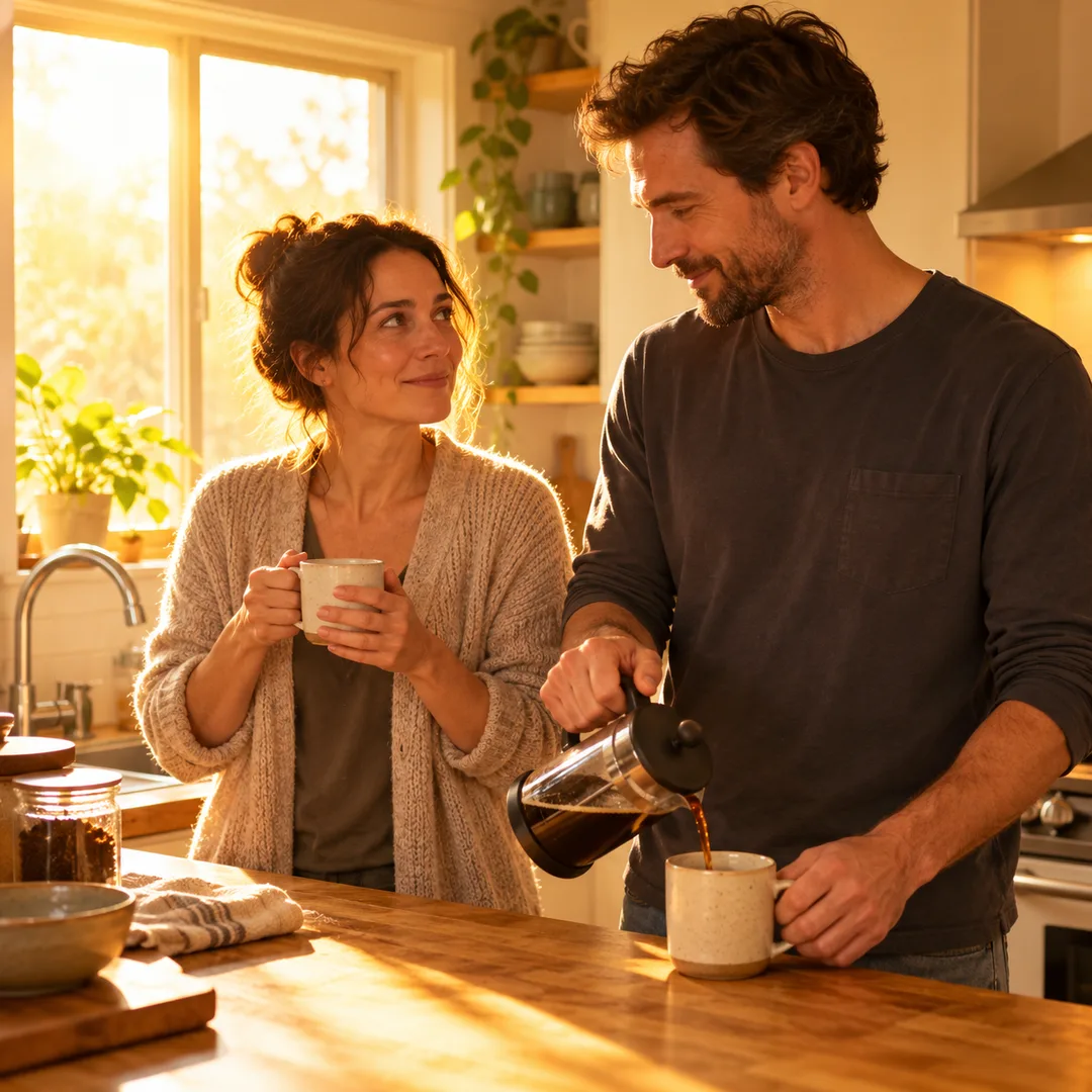 A couple sharing a cautious smile while making coffee together