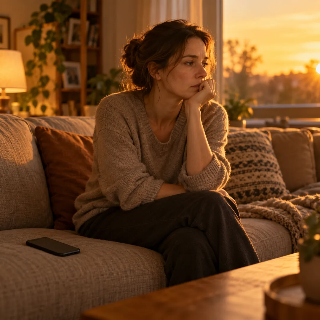 A woman sitting quietly with her phone placed beside her