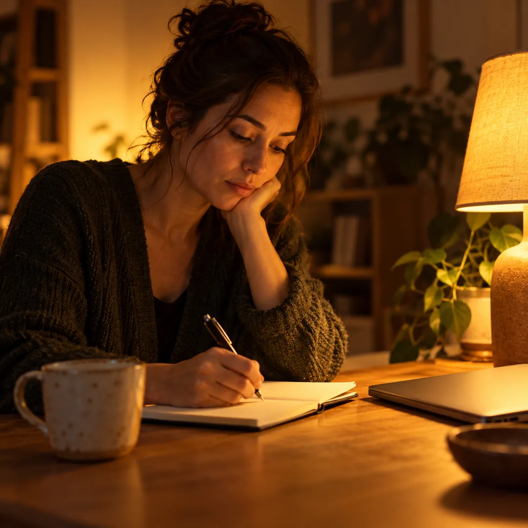 A woman keeping private notes in a small notebook
